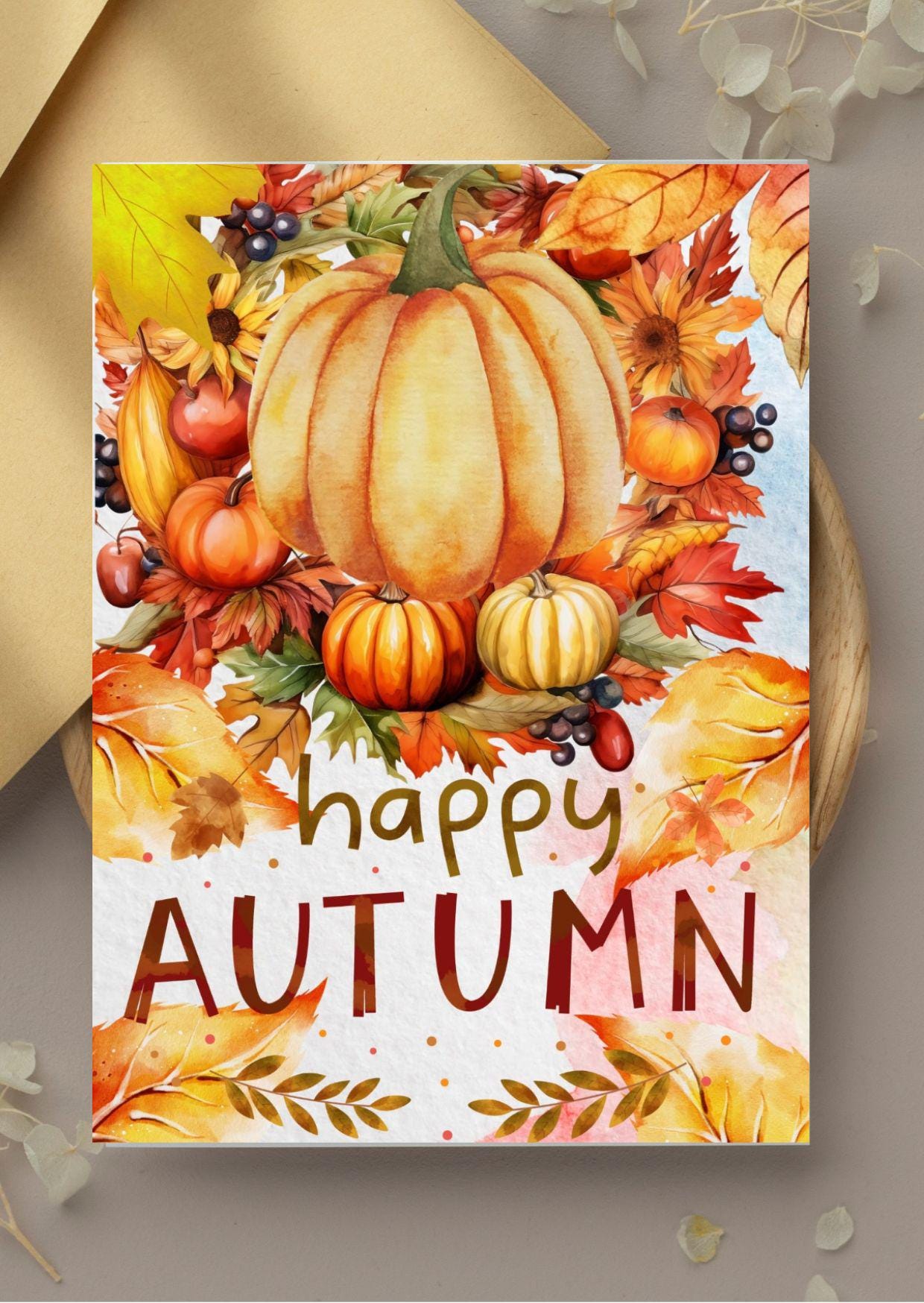 Hello Autumn Watercolor Card | Minimalist Pumpkin Printable | Fall Greeting Card Digital Download for Thanksgiving