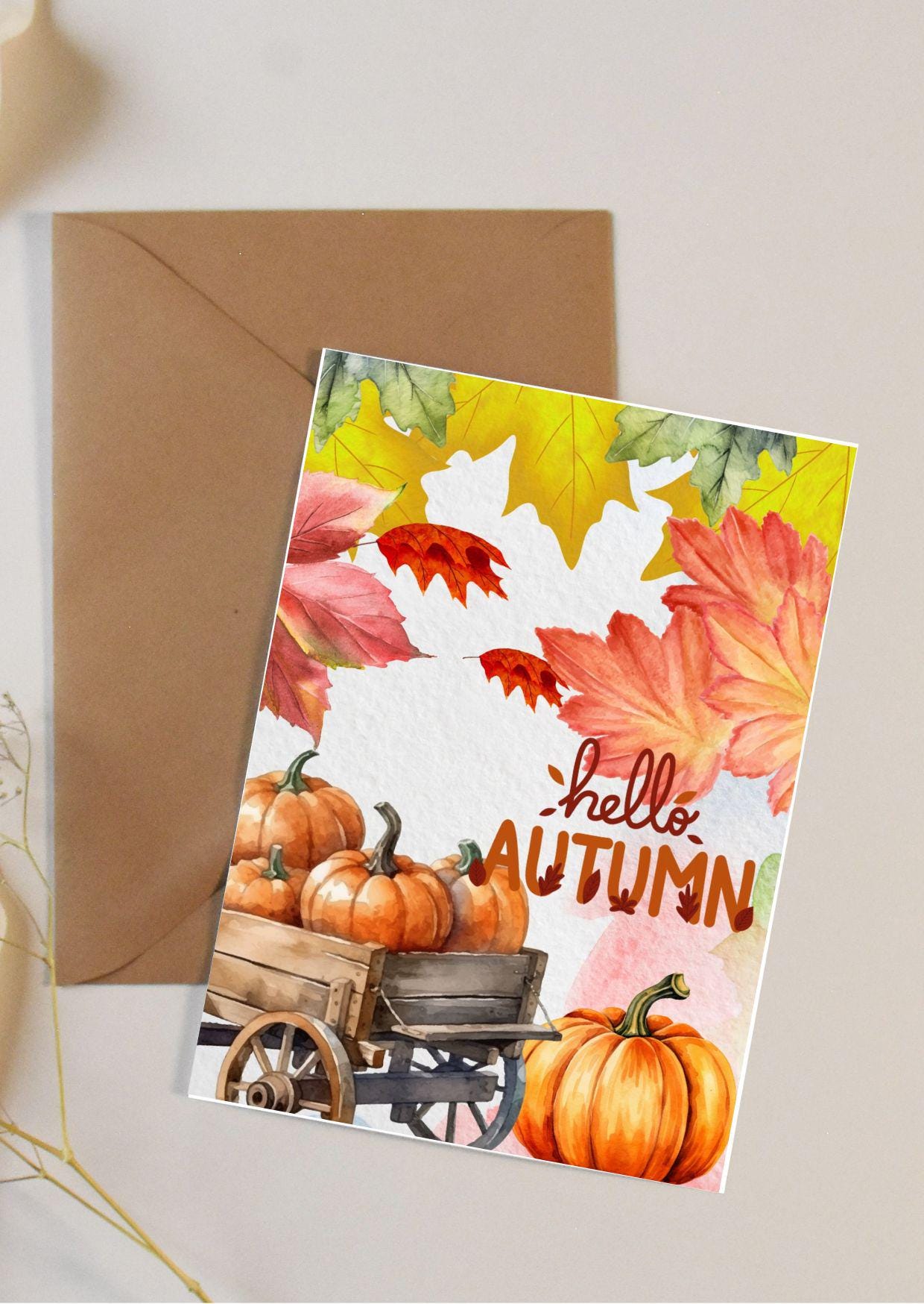 Hello Autumn Watercolor Card | Minimalist Pumpkin Printable | Fall Greeting Card Digital Download for Thanksgiving