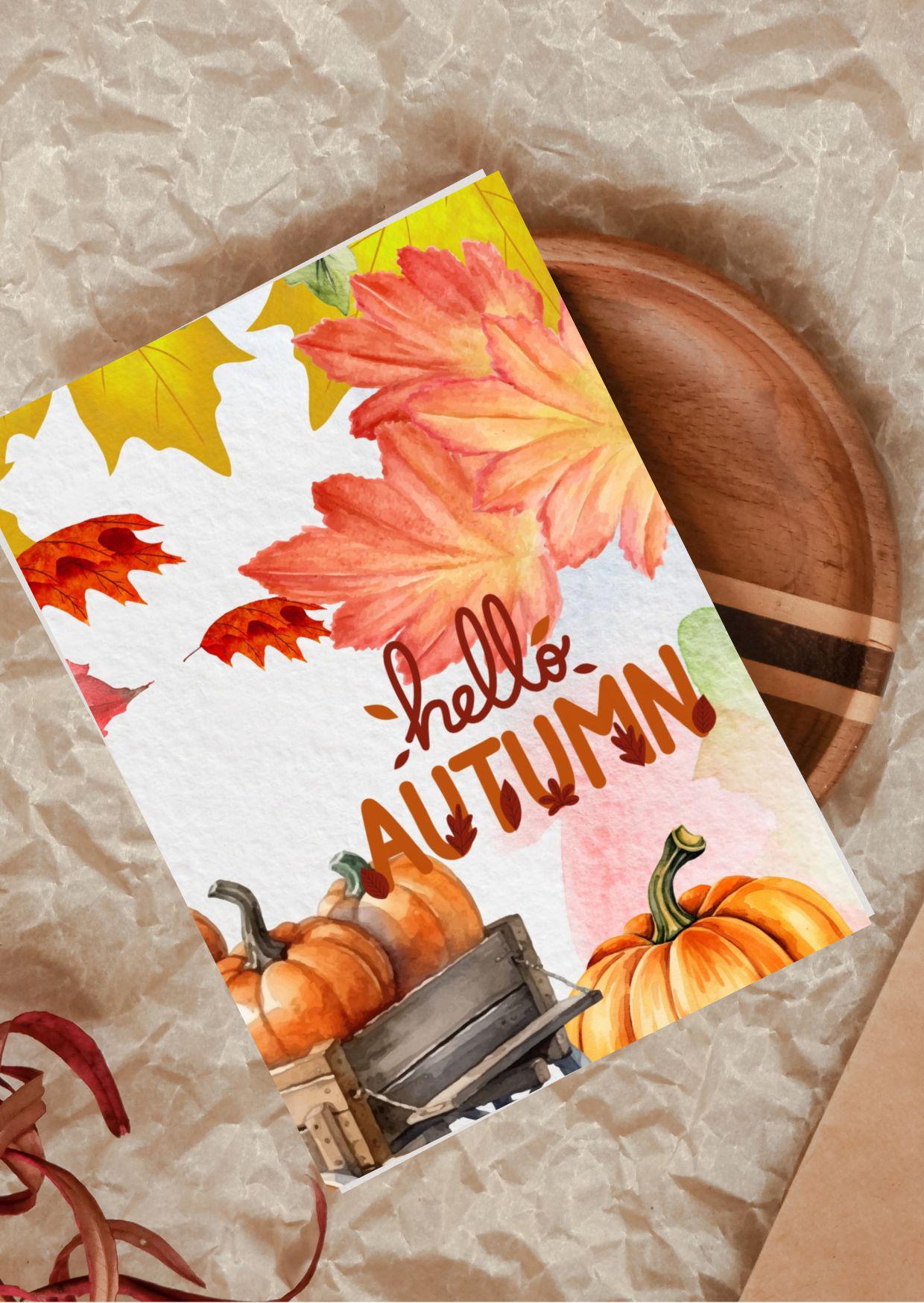 Hello Autumn Watercolor Card | Minimalist Pumpkin Printable | Fall Greeting Card Digital Download for Thanksgiving