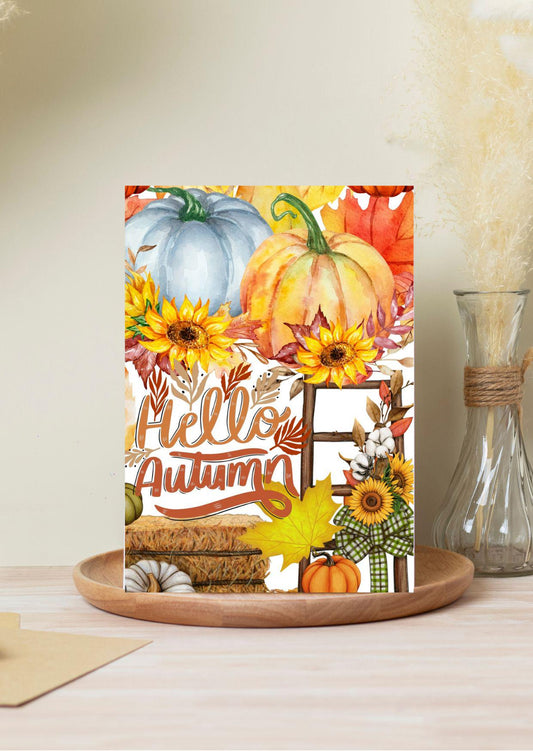 Hello Autumn Watercolor Card | Minimalist Pumpkin Printable | Fall Greeting Card Digital Download for Thanksgiving